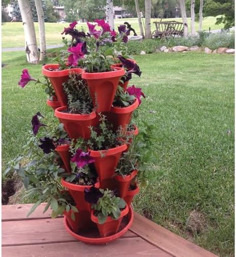 Vertical Garden Planter 4 Tier Stackable System 16 Plants, Space Saving Herb, Strawberry & Food Crop Planter with Center Support Hole for Indoor Outdoor Gardening (4, Terracotta, Small)