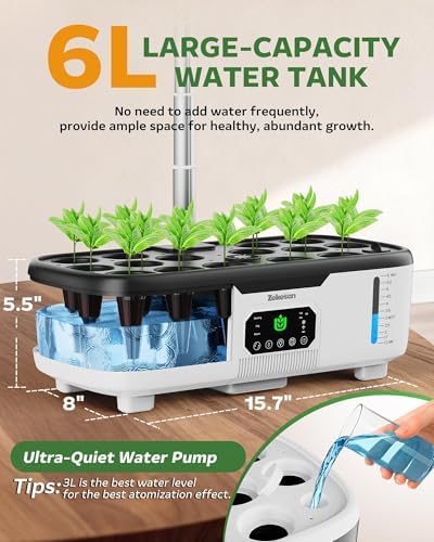 Misting Hydroponic Growing System Kit 15-Pods Indoor Smart Herb Garden Planter with LCD Touch Panel 6L Large Tank for Herb/Vegetables/Flowers/Fruits, Gardening Gifts for Women Men Beginners - White