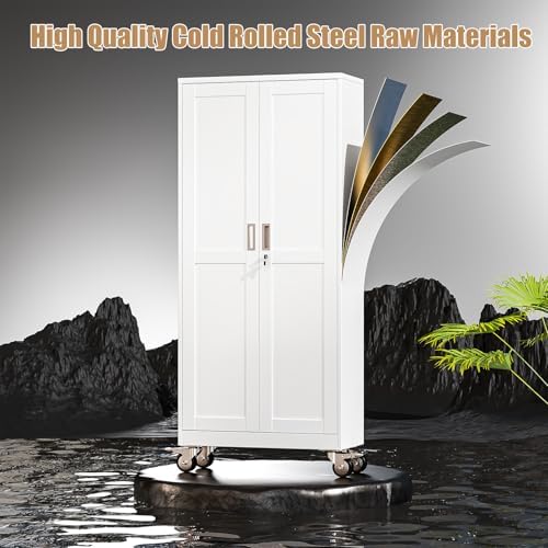 75" H Metal Pantry Storage Locker Cabinet with Wheels,Rolling Kitchen Pantry Cabinet with 2 Doors and 5 Adjustable Shelves, Lockable Steel Garage Tool Cabinet Organization for Home,Gym,School,White