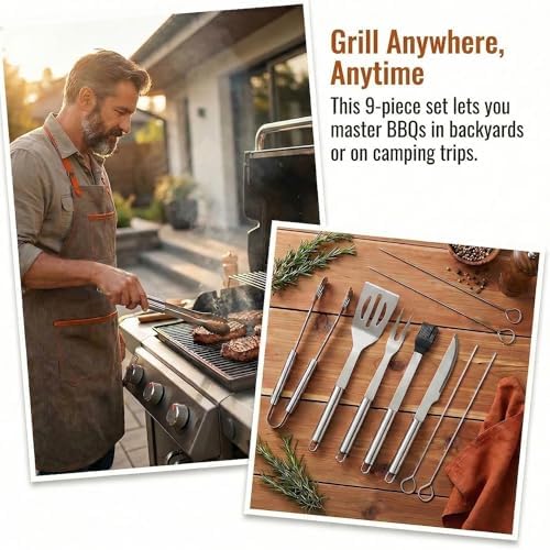 9-Piece BBQ Grill Tool Set, Stainless Steel with Storage Bag