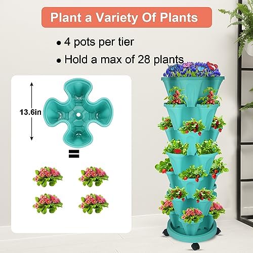 GameXcel Vertical Planter Tower - 7 Tier Stackable Garden Planters with Wheels and Garden Tool Set Plant Pots for Strawberry Herb Flower and Vegetable Indoor Outdoor Use Teal