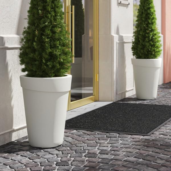 Cole Round Planter, 21 5/8 x 27 1/2 Inches, White Polyethylene, UV-Resistant, Stackable, Indoor Outdoor Use, 18 Gallon Capacity