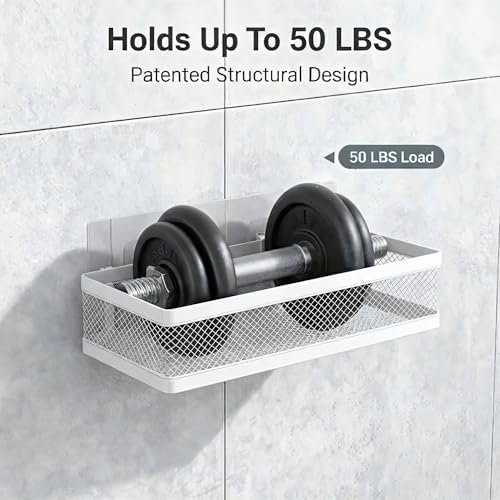 PUSDON Mesh Shower Caddy Wall Mount, Heavy Duty Adhesive Bathroom Shelf Organizer, Rustproof Floating Spice Rack for Kitchen Pantry, Holds 50 LBS, Multi-Purpose Storage White-2 Packs (Netting)