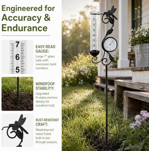 Rain Gauge Outdoor with Thermometer, Dragonfly Metal Garden Stake