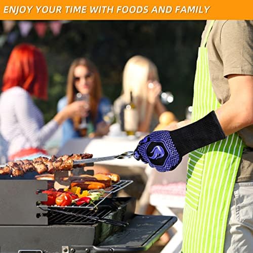BBQ Gloves 1472F Heat Resistant Non-Slip Silicone 13.5in (Blue)