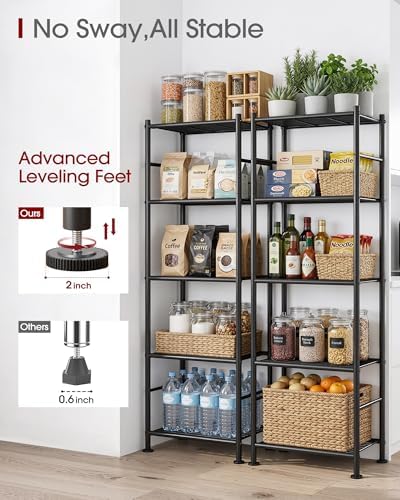 Sakugi Storage Shelves - Set of 2, 5-Tier Metal Shelf Organizer, Space-Saving Garage Shelving with Leveling Feet, Standing Shelves Organizer for Kitchen, Laundry, Pantry (18.4" x 12.6" x 57.4", Black)