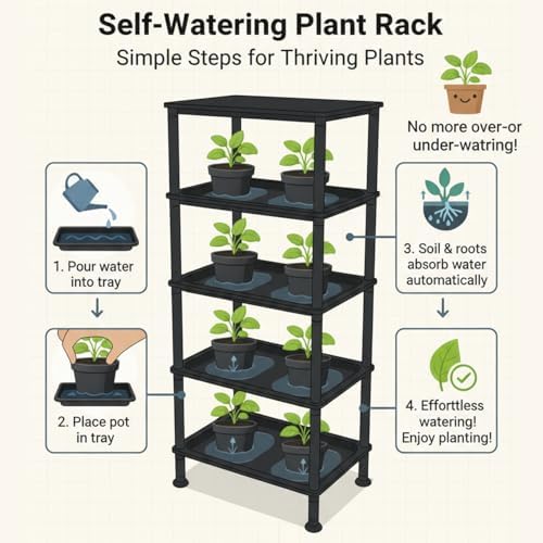 RooTrimmer 5-Tier Seed Starter Trays, Plant Stand, with Bottom-Watering Design– Reinforced Thickened Shelf for Small Pots, Balcony/Indoor Seed Starting & Greenhouse, Black
