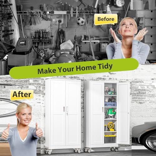 75-Inch Metal Garage Storage Cabinet with Wheels, Locking Doors and Shelves