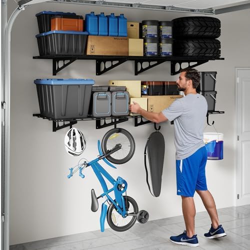 FLEXIMOUNTS 2-Pack Garage Shelving with Hooks, 2x6ft Storage Shelves, Black