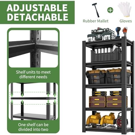 Garage Shelves, 63" H Garage Shelving Heavy Duty, 3000Lbs 5 Tier Adjustable Garage Storage Shelves Suitable for Warehouse, Basement, Workshop,Require Assembly, 15.75" D*31.5" W *63" H(Black)