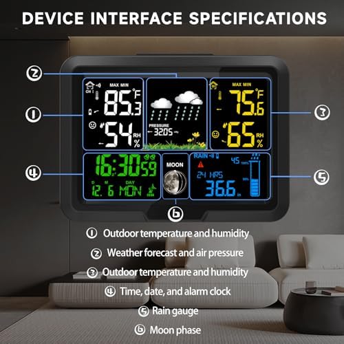 Digital Wireless Rain Gauge Outdoor, Home Weather Station Wireless Indoor Outdoor with Self-Emptying Rain Gauge, Thermometer, Barometer, Hygrometer, Atomic Clock, Weather Forecast and Alerts