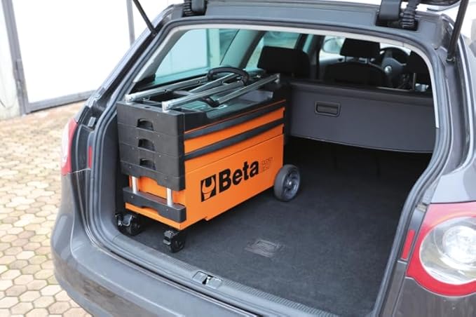 Beta C27S Collapsible Rolling Tool Cart | Heavy-Duty Mobile Metal Tool Trolley with Locking Drawers, 4โ Steering Wheels, Brake System | Thermoplastic Worktop | Orange