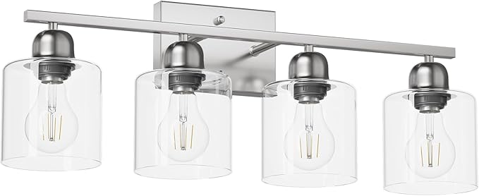 Modern Brushed Nickel 4 Light Bathroom Light Fixtures, 24 inch Vanity Lights for Bathroom with Clear Glass, Vanity Light for Mirror Kitchen Living Room Hallway Cabinet Porch