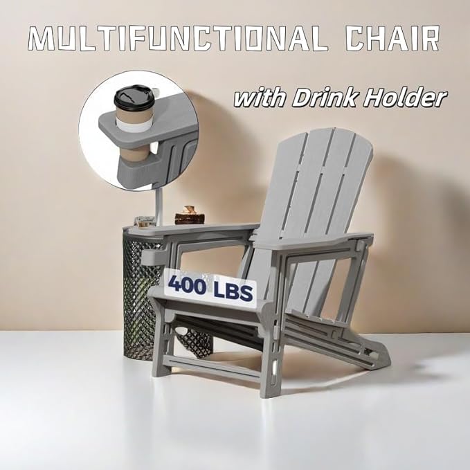 Adirondack Chair, All Weather Plastic Adirondack Chairs, Fire Pit Chairs with Cup Holder, Outdoor Lawn Chair for Patio, Garden, Backyard, Grey