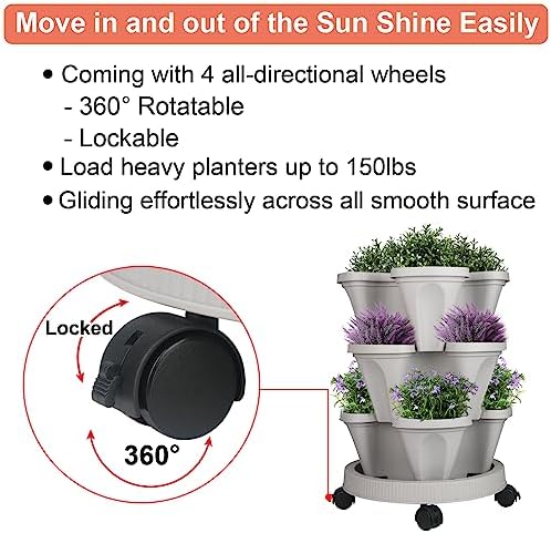 GameXcel Vertical Planter Tower - 3 Tier Stackable Garden Planters with Wheels and Tools Plant Pots for Strawberry Herb Flower and Vegetable Indoor Outdoor Use Gray