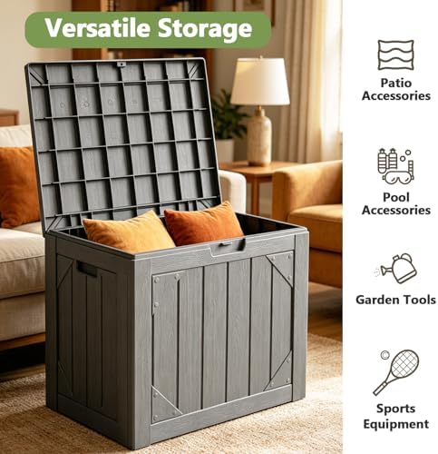 Outdoor Storage Box,30 Gallon Deck Box Outdoor Storage Bench Outside Waterproof Resin Storage Bench, Lockable Patio Cushions, Garden Tools Storage For Furniture, UV Resistant(Gray