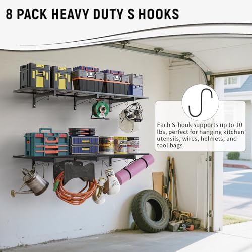 2 Pack Garage Wall Shelves, 46"X 12.5" Garage Shelving Wall Mounted, Heavy Duty Shelf Organizer with 8 Hooks, Black Floating Storage Metal Rack 320 LBS Capacity for Laundry Room, Office, Basement
