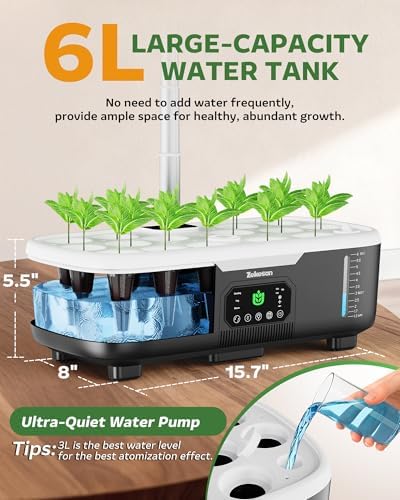 Misting Hydroponic Growing System Kit 15-Pods Indoor Smart Herb Garden Planter with LCD Touch Panel 6L Large Tank for Herb/Vegetables/Flowers/Fruits,Gardening Gifts for Women Men Beginners-Black