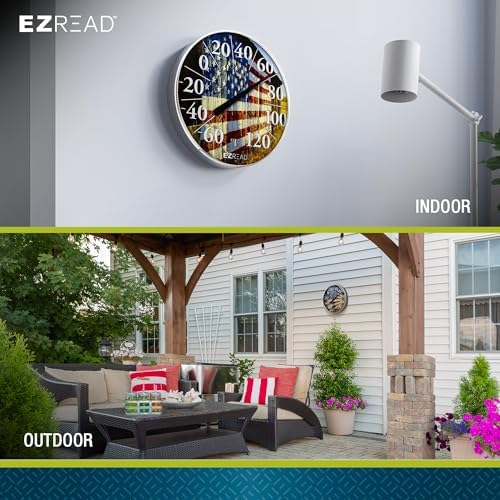 EZREAD Hanging Dial Thermometer 840-1232 Weather Thermometers for Indoor and Outdoor Use, Large 12.5 Inch Diameter, Easy to Read Numbers, American Flag on Barn