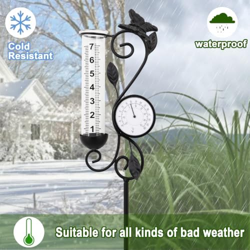 Butterfly Rain Gauge Garden Decor, 32" Thermometer Patio Decor, 7" Capacity Rain Gauge Replacement Tube Glass, Outdoor Temperature Patio Decor