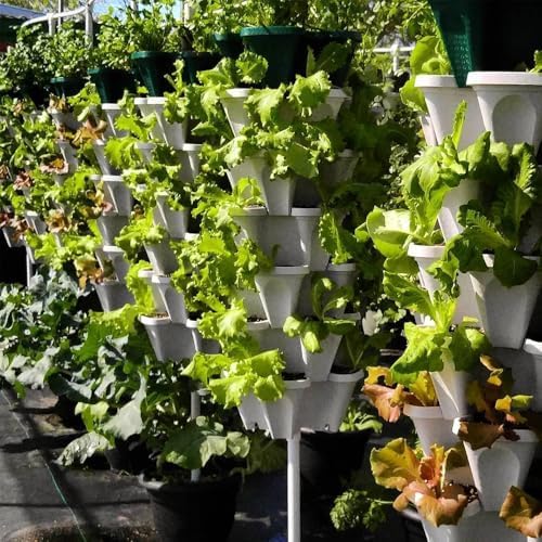Vertical Garden Planter 4 Tier Stackable System 16 Plants, Space Saving Herb, Strawberry & Food Crop Planter with Center Support Hole for Indoor Outdoor Gardening (4, Stone, Small)