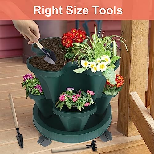 DUNCHATY Stackable Vertical Garden Planter with Wheels, 5 Tier Herb Planter Pots for Growing Vegetables and Succulents, Pine Green