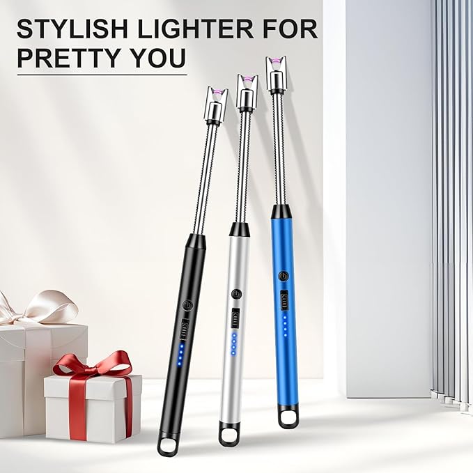 LcFun 3 Pack Electric Candle Lighter Windproof USB Rechargeable Plasma Lighter with LED Battery Display, Flameless Long Arc Lighters for Grill BBQ Camping Fireplace Stove(Black,Blue,Silver)