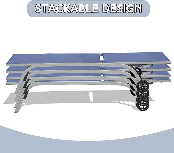 Domi Pool Lounge Chairs Set of 3, Adjustable Aluminum Outdoor Chaise Lounge with Wheels Patio Lounge Chairs with Side Table, All Weather for Deck Lawn Poolside Backyard-Navy Blue Textilene