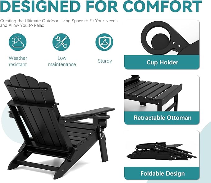 FOOWIN Adjustable Adirondack Chair with Retractable Ottoman Set of 4, Folding Adirondack Chair with Cup Holder, HDPE All-Weather Fire Pit Chair for Patio, Yard, Poolside, Black