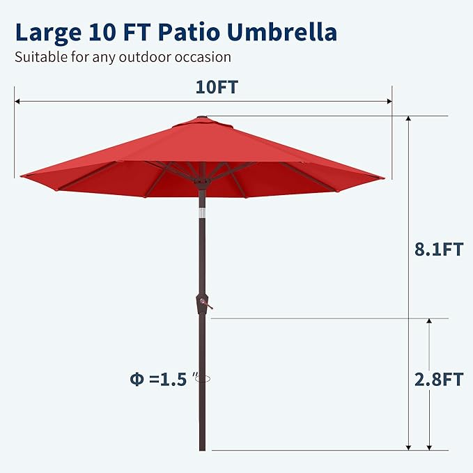 PatioKingdom 10FT Patio Umbrella with Push Button Tilt and Crank, Outdoor Market Umbrella with 8 Fiberglass Ribs, UV Protection Table Umbrella for Pool,Backyard,Garden,Deck(Red, 10FT)