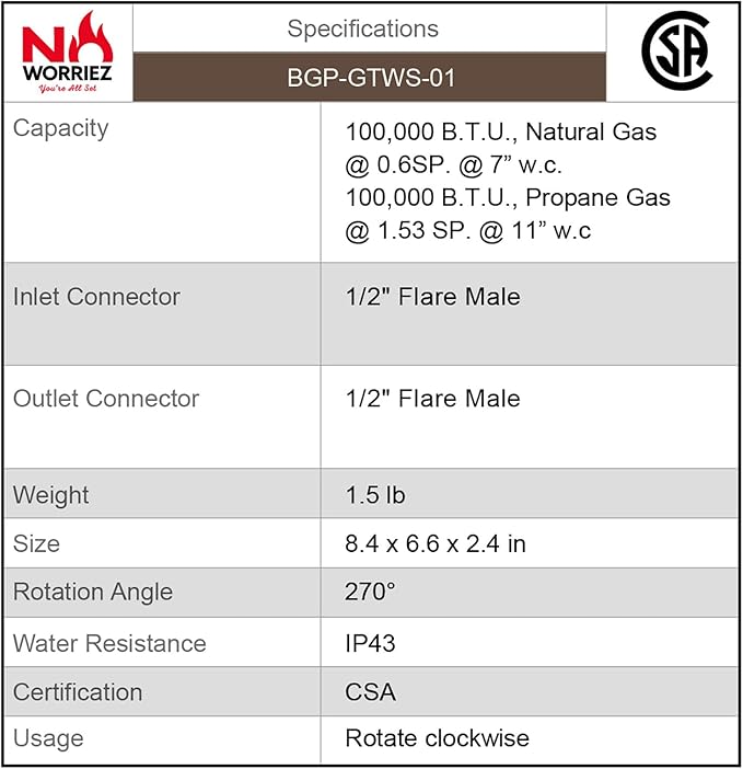 NO WORRIEZ Safety Auto Shut-Off Gas Timer for Propane & Natural Gas | Outdoor Grill, Fire Pit, Pizza Oven | – 100,000 BTU w/ 1/2" Flared Connector & Hose & flare male adapter, Patent Pending