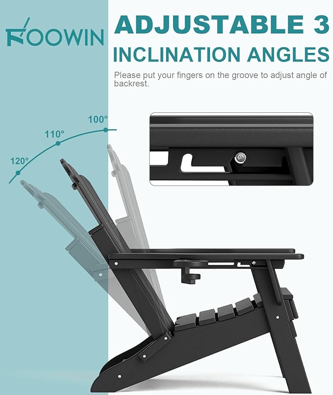 FOOWIN Adjustable Adirondack Chair, Folding Adirondack Chair with Cup Holder, HDPE All-Weather Fire Pit Chair with 3 Recline Positions, Suitable for Patio, Garden, Backyard, Poolside, Grey