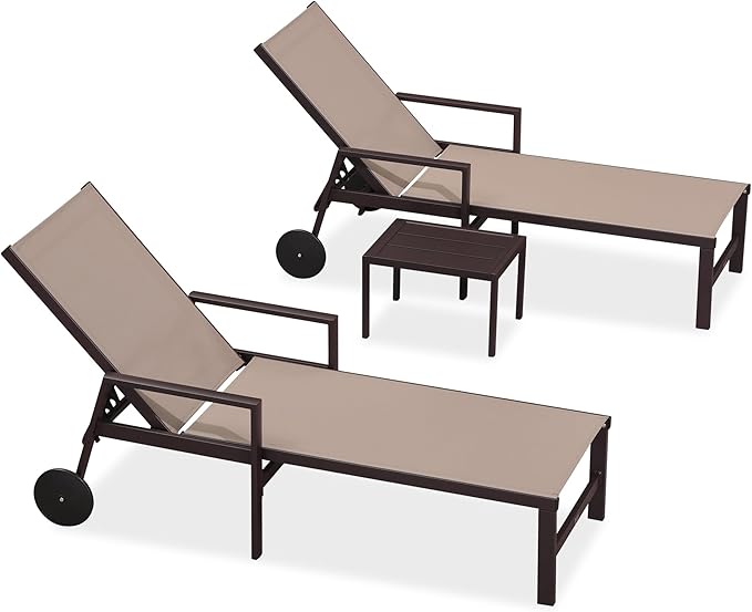 PURPLE LEAF Pool Lounge Chairs Set of 3 Aluminum Outdoor Lounge Chairs with Wheels and Armrests Adjustable Patio for Deck Outside Lawn Garden, Taupe