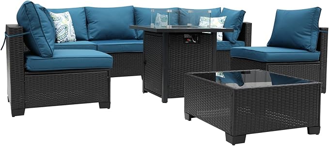 8 Pieces Patio Furniture Set with 28" Fire Pit Table, Wicker Outdoor Sectional Couch, Rattan Conversation Set for Backyard, Deck, Garden Lawn, Coffee/Peacock Blue