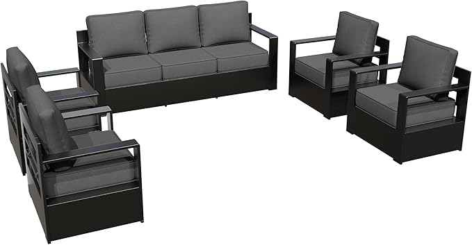 Aluminum Outdoor Conversation Furniture Set - All Weather Patio 79" Sofa with 4 Armchairs, 6" Water-Resistant Cushions & Furniture Covers & Metal Armrest for Deck Porch (Grey)