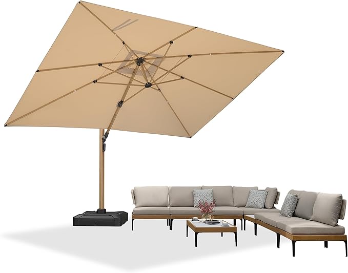 PURPLE LEAF 10' x 13' Rectangle Patio Cantilever Umbrella With Furniture Sofa Sets Large Hanging Umbrella Teak Finished Aluminum Frame Windproof Offset Outdoor Sun Umbrellas for Beach Pool Deck, Beige