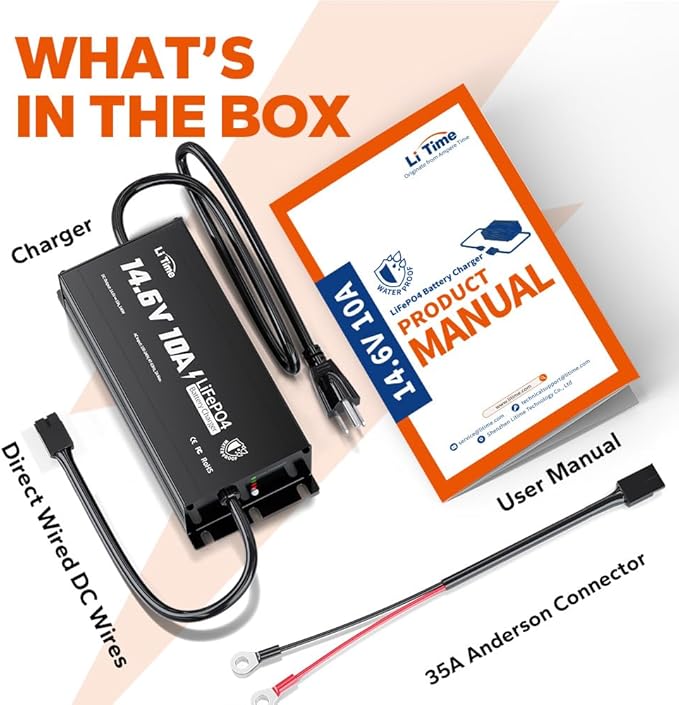 LiTime IP65 Waterproof 14.6V 10A LiFePO4 Onboard Charger, Fast Charging, 4 Safety Protections, Better Charging Performance, Extend Lithium Batteries Life, with LED Indicator, Outdoor & Marine Use