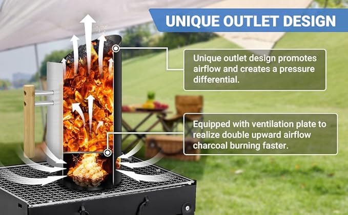 Thickened Durable Charcoal Chimney Starter with 24PCS Firelighters BBQ Oven Enamel firepit Starter SS Shelf Wooden Handel with Hex Screw and Tool Sloping Mouth Design Easy Burning and Using