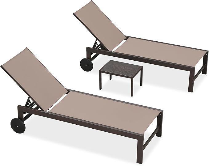 PURPLE LEAF Outdoor Chaise Lounge Chair Set of 3, Pool Lounge Chair for Outside, Aluminum Patio Chaise Lounger with Adjustable Backrest and Wheels for Deck, Outside, Lawn, Garden, Taupe
