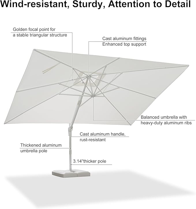 PURPLE LEAF 10' × 13' Patio Umbrella White Cantilever Umbrella Aluminum Square Outdoor Offset Umbrella Hanging Windproof with 360° Rotation for Garden Deck Pool, White
