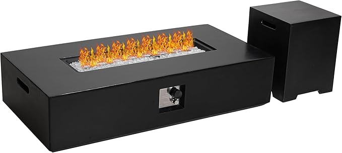 NAGA HABNA 56 Inch Propane Fire Pit Table, Outdoor Rectangle Fire Table w Tank Table (50,000 BTU), 2 Piece Gas Fire Pit in Black w White Fire Glass for Garden, Pool, Backyard