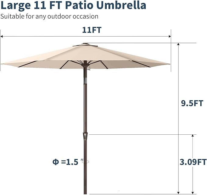 PatioKingdom 11FT Patio Umbrella,Outdoor Umbrella with Push Button Tilt and Crank,Market Table Umbrella with 8 Sturdy Fiberglass Ribs UV Protection(Beige, 11FT)