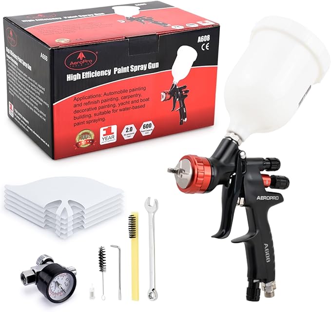 AEROPRO Tools A608 HVLP Air Spray Gun Kit, 1.3mm Nozzle, Regulator, 5pcs Paint Strainers, 600cc Cup, Auto Paint Spray Gun, Automotive Paint Gun, Car Paint Gun for Touch Up, Primer, Top Coat
