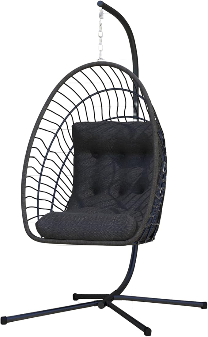 Kingdura Hanging Egg Chair with Stand Indoor Outdoor, Foldable Rattan Wicker Hammock Egg Swing Chair for Bedroom Porch Patio Garden, Thickened Cushion, 350LBS Capacity, Heavy Duty Frame
