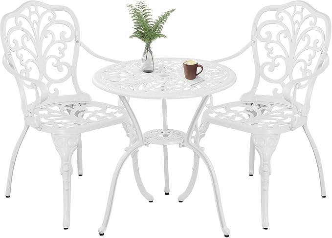 3 Piece Patio Bistro Set Cast Aluminum Bistro Table Set,All Weather Outdoor Dining Set with Umbrella Hole for Porch, Lawn, Garden, Backyard, Pool (White)