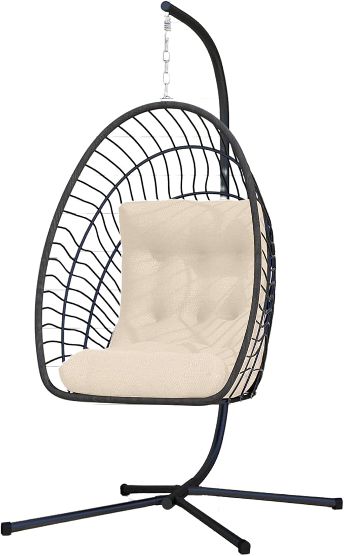 Kingdura Hanging Egg Chair with Stand Indoor Outdoor, Foldable Rattan Wicker Hammock Egg Swing Chair for Bedroom Porch Patio Garden, Thickened Cushion, 350LBS Capacity, Heavy Duty Frame