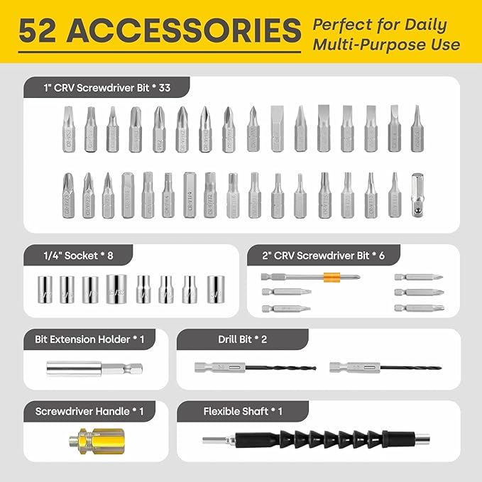 Enventor 4V Cordless Power Screwdriver Kit, Electric Screwdriver Set with 52pcs Accessories, 2000mAh Battery, Type-C Charging, 4.5Nm Screw Gun, 9+1 Torque Setting, 2 Position Handle, LED & Flashlight