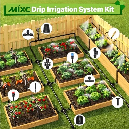 MIXC 2026-Upgrade 360° Adjustable Drip Irrigation System Kit, 200FT Bendable Watering Misting System with 3 Spray Nozzle Types, 1/2"(50FT) & 1/4"(150FT) Tubing for Garden Raised Bed Lawn & Greenhouse