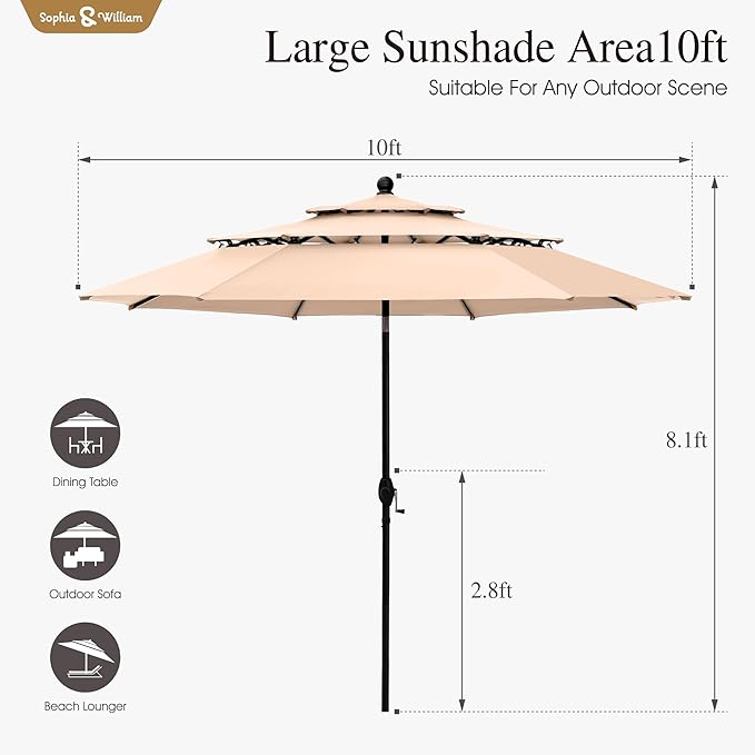 Sophia & William 10ft 3 Tier Auto-tilt Patio Umbrella, Outdoor Double Vented Umbrella with Crank, Beige