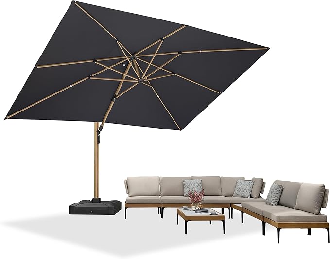 PURPLE LEAF 10' x 13' Rectangle Patio Cantilever Umbrella With Furniture Sofa Sets Large Hanging Umbrella Teak Finished Aluminum Frame Windproof Offset Outdoor Sun Umbrellas for Beach Pool Deck, Grey